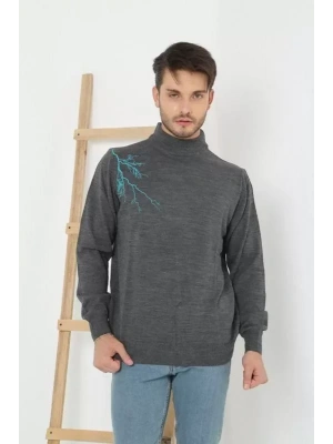 Unisex Yarım Boğazlı Baskılı Dokuma Triko  Füme