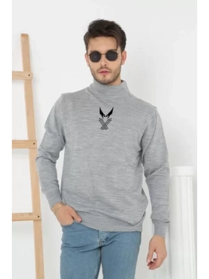 Unisex Yarım Boğazlı Baskılı Dokuma Triko  Gri