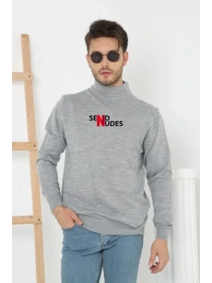 Unisex Yarım Boğazlı Baskılı Dokuma Triko  Gri