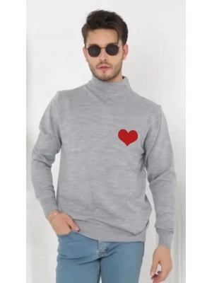 Unisex Yarım Boğazlı Baskılı Dokuma Triko  Gri