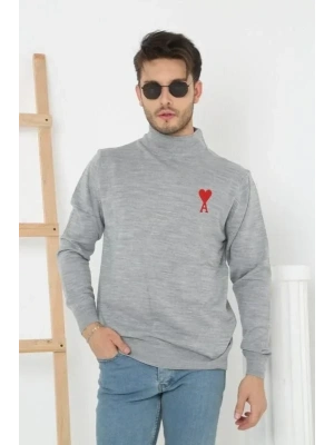 Unisex Yarım Boğazlı Baskılı Dokuma Triko  Gri