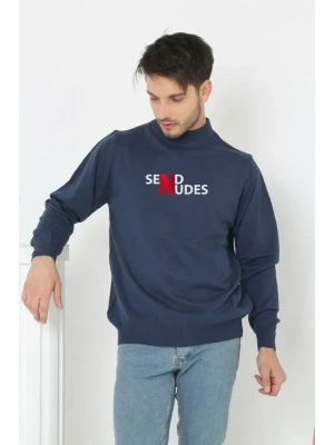 Unisex Yarım Boğazlı Baskılı Dokuma Triko  Indigo