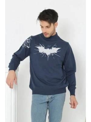 Unisex Yarım Boğazlı Baskılı Dokuma Triko Indigo