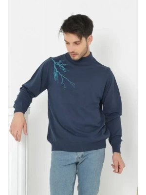 Unisex Yarım Boğazlı Baskılı Dokuma Triko  Indigo