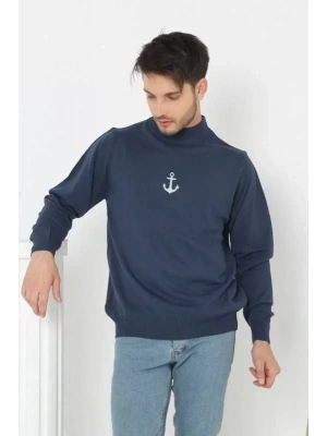 Unisex Yarım Boğazlı Baskılı Dokuma Triko  Indigo