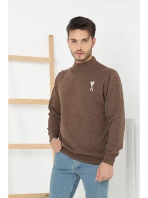 Unisex Yarım Boğazlı Baskılı Dokuma Triko  Kahve