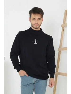 Unisex Yarım Boğazlı Baskılı Dokuma Triko  Siyah