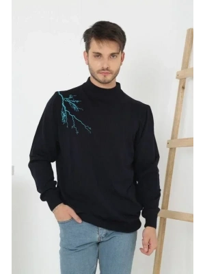 Unisex Yarım Boğazlı Baskılı Dokuma Triko  Siyah