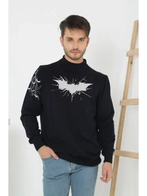 Unisex Yarım Boğazlı Baskılı Dokuma Triko  Siyah