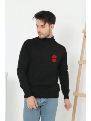 Unisex Yarım Boğazlı Baskılı Dokuma Triko  Siyah