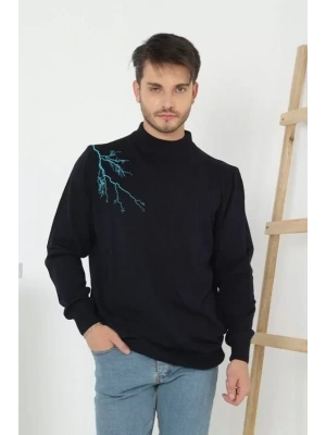 Unisex Yarım Boğazlı Baskılı Dokuma Triko  Siyah