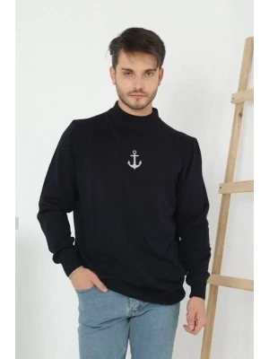 Unisex Yarım Boğazlı Baskılı Dokuma Triko  Siyah