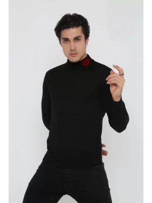 Unisex Yarım Boğazlı Baskılı Dokuma Triko  Siyah