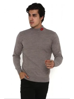 Unisex Yarım Boğazlı Baskılı Dokuma Triko  Vizon