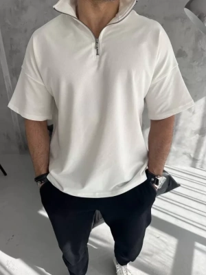 Unisex Yarım Fermuarlı Basic Thirt  Beyaz