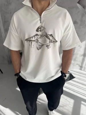 Unisex Yarım Fermuarlı Baskılı Oversize Thirt  Beyaz
