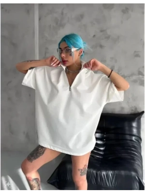 Unisex Yarım Fermuarlı Düz Oversize Thirt  Beyaz
