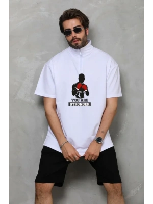Unisex Yarım Fermuarlı Oversize Baskılı Thirt  Beyaz