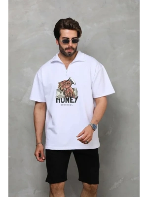 Unisex Yarım Fermuarlı Oversize Baskılı Thirt  Beyaz