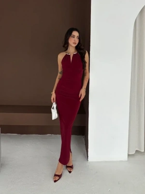 Uzun Abiye Elbise Yırtmaçlı ırt Dekolteli Şık Gece Elbisesi  Bordo