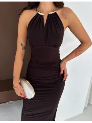 Uzun Abiye Elbise Yırtmaçlı ırt Dekolteli Şık Gece Elbisesi  Kahverengi