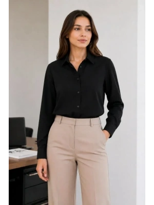 Uzun Kol Gömlek Düğmeli Klasik Yaka Günlük Ve Ofis Şıklığına Uygun  iyah