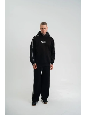 Uzun Kol Kapşonlu Ara Biyeli Baggy Eşofman Takım  iyah