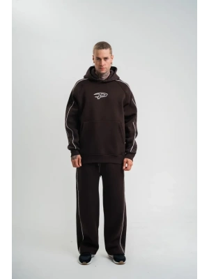 Uzun Kol Kapşonlu Ara Biyeli Baggy Eşofman Takım  Kahve