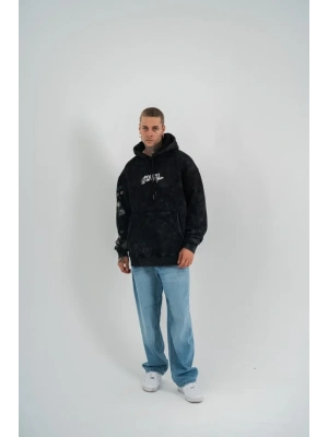 Uzun Kol Kapşonlu Yıkamalı Baskılı weathirt  iyah