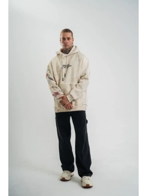 Uzun Kol Kapşonlu Yıkamalı Baskılı weathirt  Krem