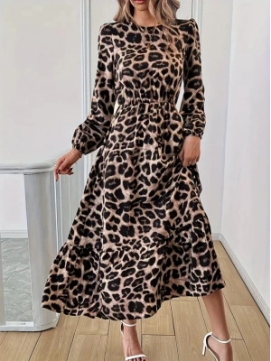 Uzun Kollu Bisiklet Yaka Leopar Desenli Midi Süprem Elbise