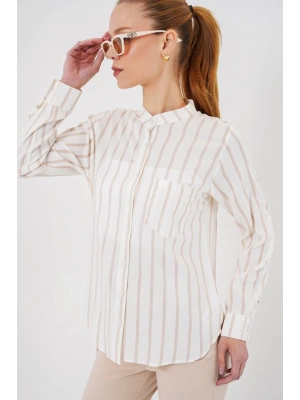 Uzun Kollu Çizgili Gömlek 20283  Bej