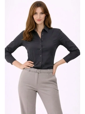 Uzun Kollu Gömlek Düğmeli Klasik Yaka Günlük Ve Ofis Şıklığına Uygun  Füme