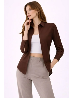 Uzun Kollu Gömlek Düğmeli Klasik Yaka Günlük Ve Ofis Şıklığına Uygun  Kahverengi