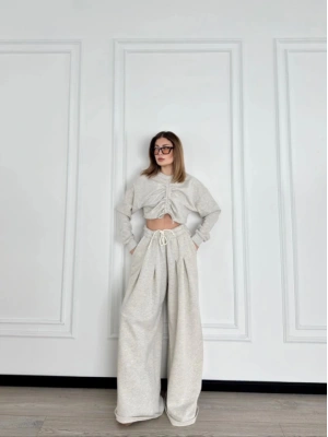 Uzun Kollu Önü İp Büzgülü  Crop Ve Pantolon İkili Takım  Gri