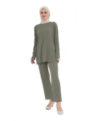Uzun Kollu Organik Yıkanmış Kumaş Fitilli Pantalonlu Takım  Yeşil