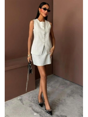 Uzun Yelek ini Etek Flamlı Keten Takım 10148