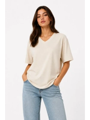 V Yaka Basic Tişört Kısa Kol Yazlık Regular Fit Thirt  Bej