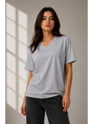 V Yaka Basic Tişört Kısa Kol Yazlık Regular Fit Thirt  Gri