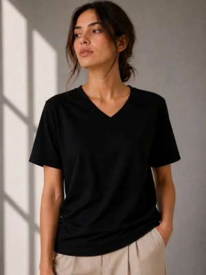 V Yaka Basic Tişört Kısa Kol Yazlık Regular Fit Thirt  iyah