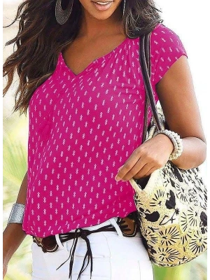 V Yaka Baskılı Mikro Kumaş Bluz