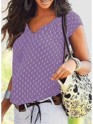 V Yaka Baskılı Mikro Kumaş Bluz