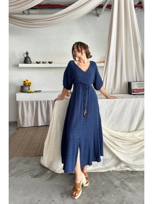 V YAKA BEL BONCUK BAĞLAALI ÜLİN ELBİE YIRTAÇ DETAYLI  Lacivert