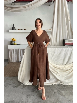 V YAKA BE BONCUK BAĞAMAI MÜSİN EBİSE YIRTMAÇ DETAYI  Kahverengi