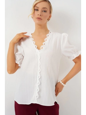 V Yaka Dantelli Bluz 956  Beyaz
