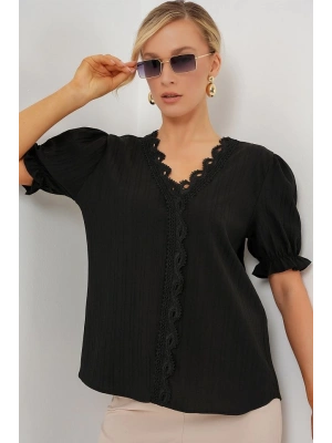 V Yaka Dantelli Bluz 956  Siyah
