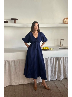 V YAKA DÖKÜLÜ ELBİSE  Lacivert