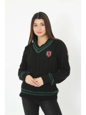 V Yaka Örgülü Kazak  Siyah