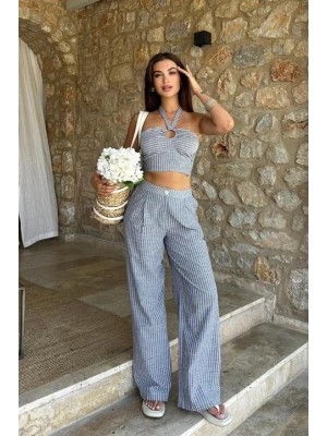 Vesna Keten Çizgili Crop Takım 98060025