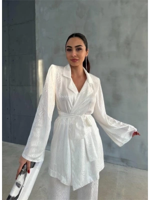 VİSKON JAKARLI BAĞLAALI GÖLEK  PANTOLON TAKI  Beyaz